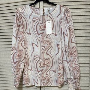 Pleione Swirl-Print Long Sleeve Blouse in Mauve and White